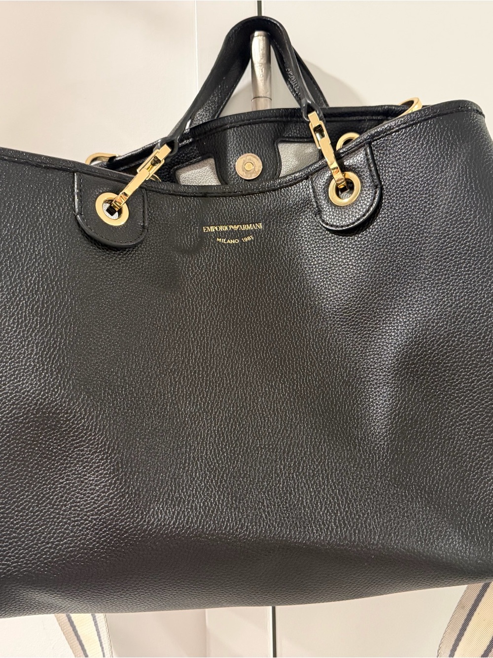 Emporio Armani Black Pebbled Leather Shopper Tote with Gold Accents